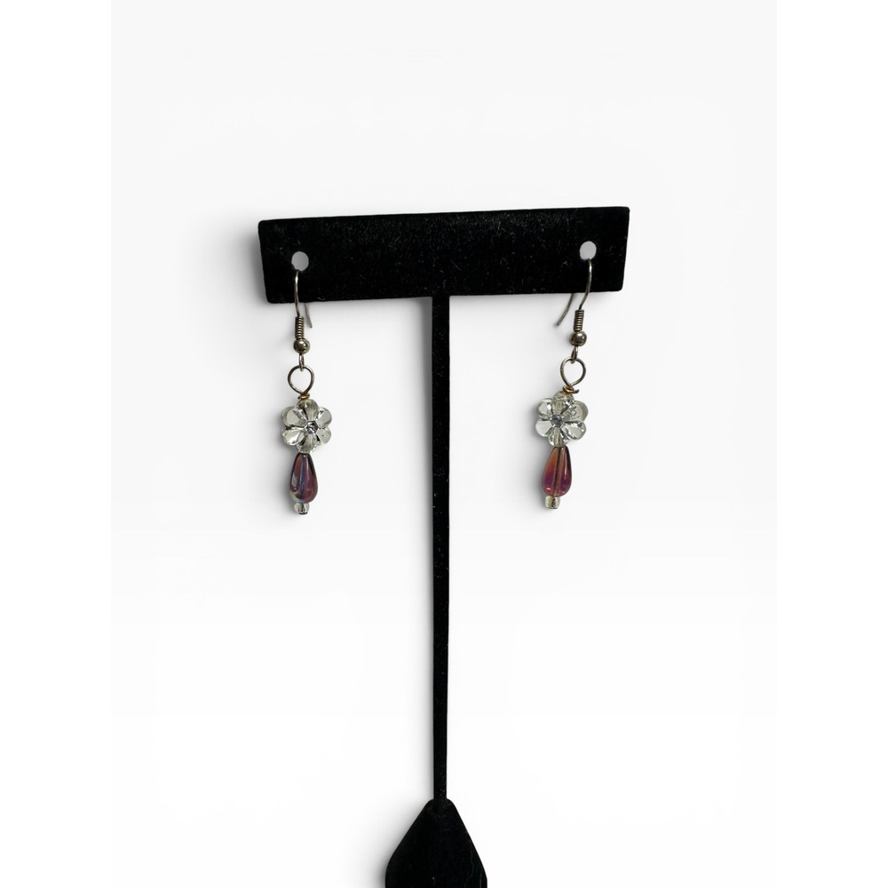 Glass Flower Drop Earrings Purple Iridescent Silver‎ Tone Floral - Picture 2 of 7